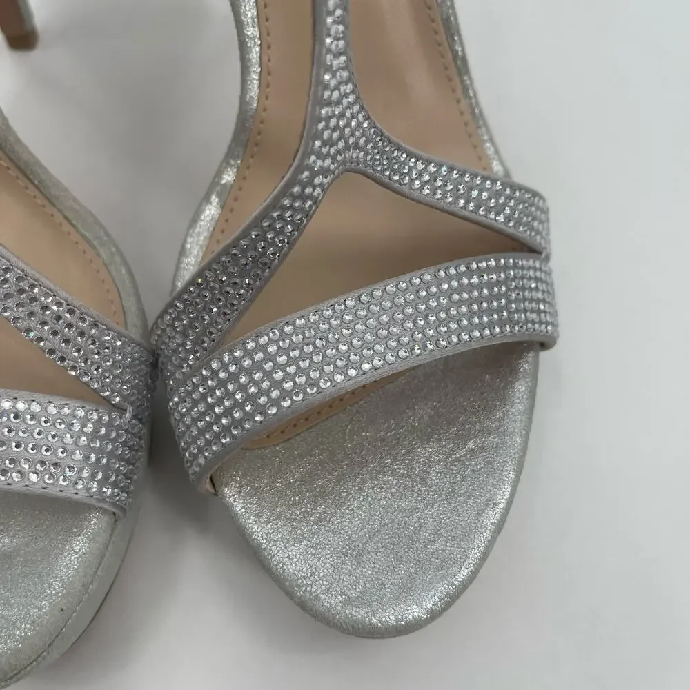PELLE MODA Heels Size 8 Onora Platform Silver Rhinestone Crystals Strappy Ankle
